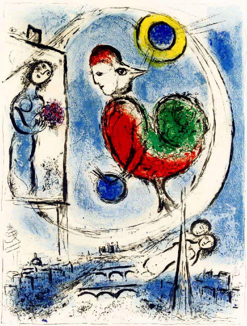Der Hahn über Paris Farblithografie Zeitgenosse Marc Chagall Ölgemälde
